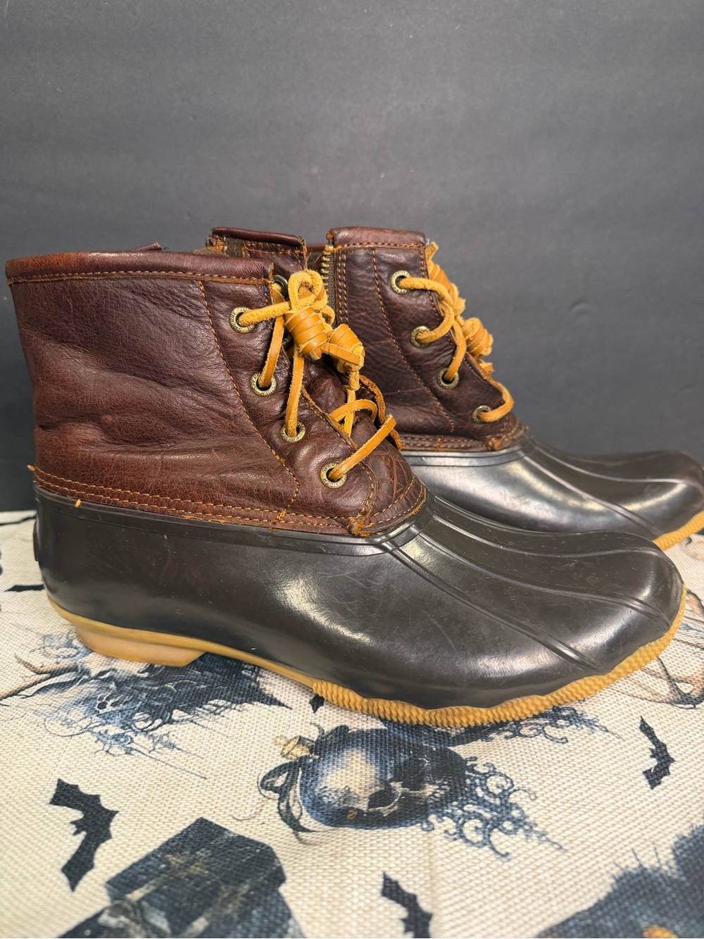 Sperry Brown Leather and Black Rubber Duck Boots with Yellow Laces